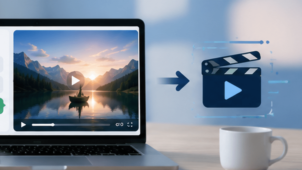 Beginner using a laptop to plan and create an AI-generated video with a written prompt and video preview