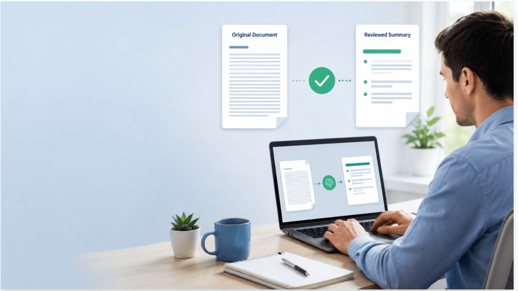 Beginner using ChatGPT on a laptop to summarize a document and compare the summary with the original