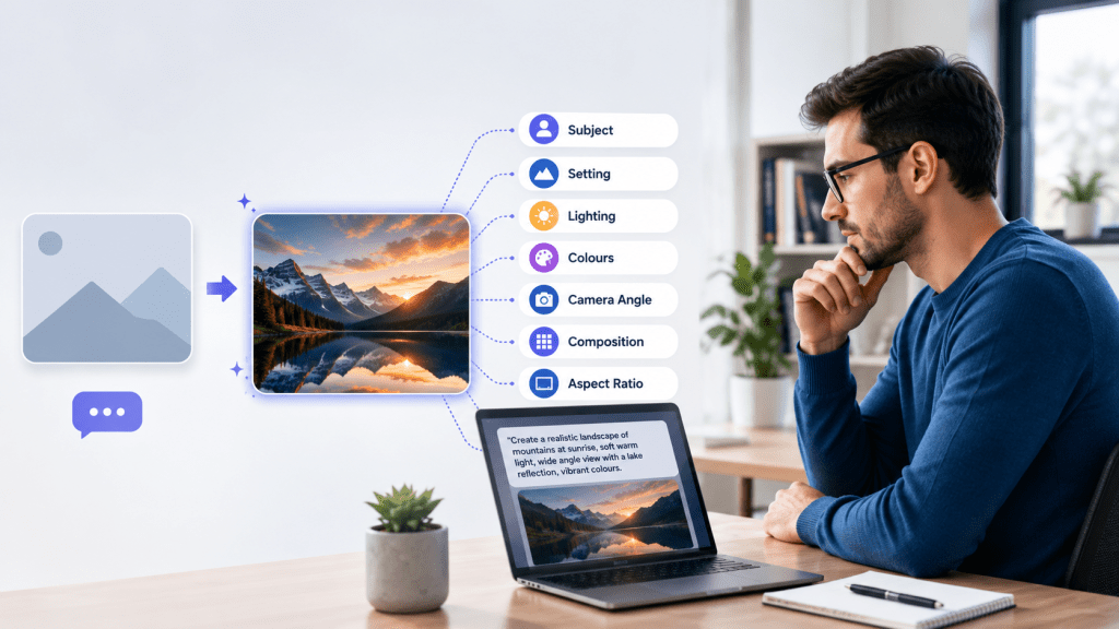 Beginner writing a detailed AI image prompt on a laptop beside a polished AI-generated image.