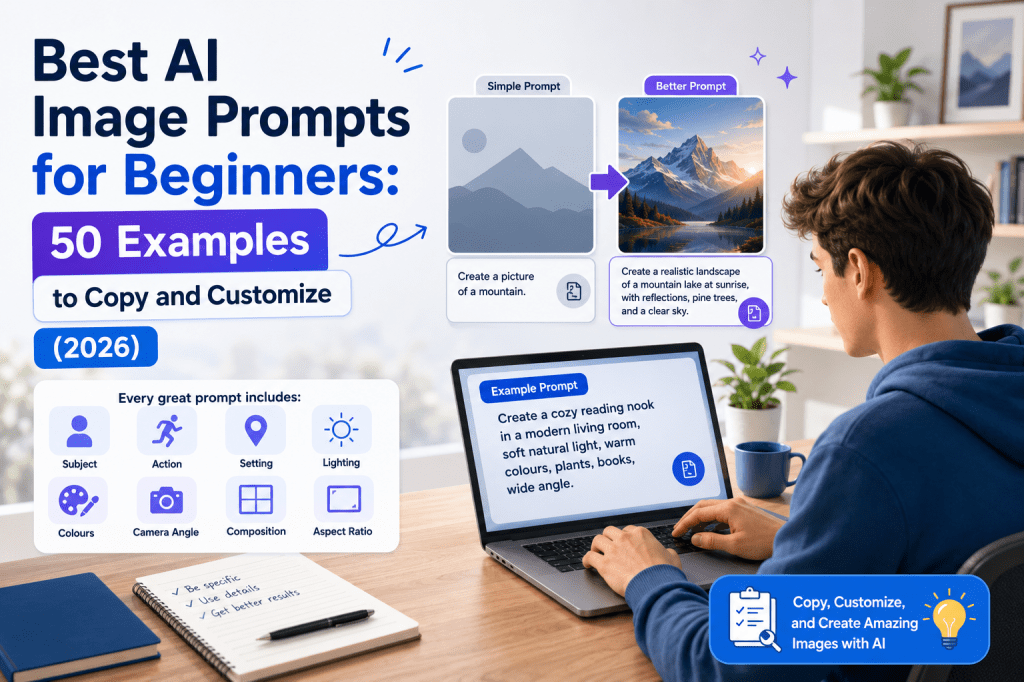 Beginner using ready-made AI image prompts to create images for blogs, social media, business, education, and personal projects.