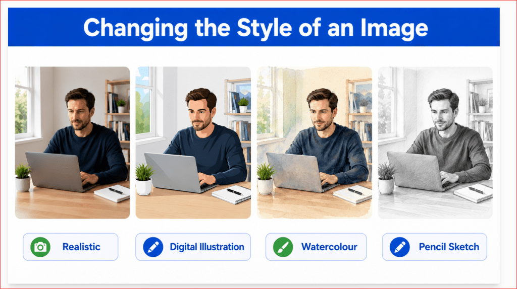 Examples of changing one image into several visual styles while preserving the main subject and composition.