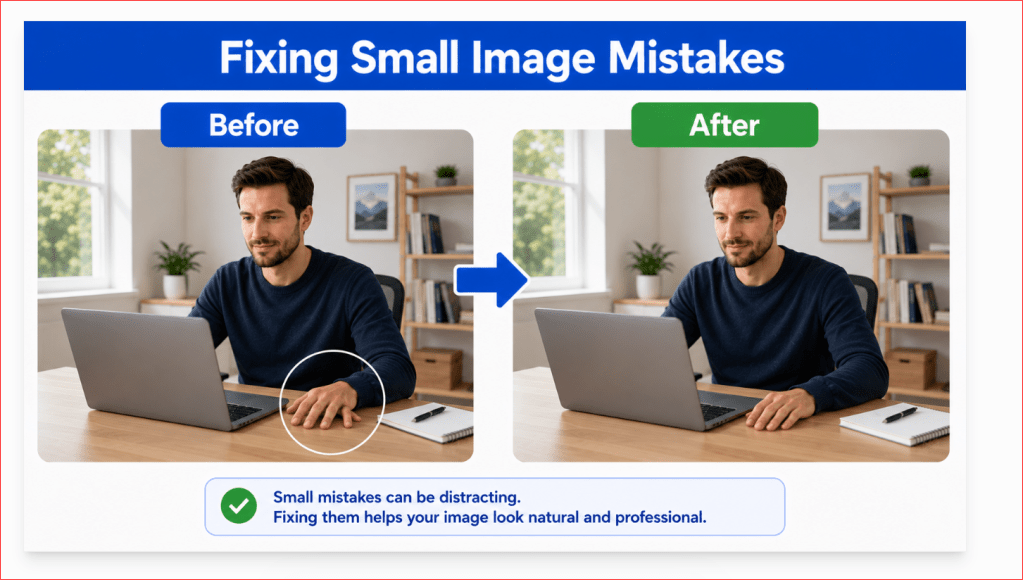 Checklist for correcting hands, faces, text, product details, and other small image mistakes.