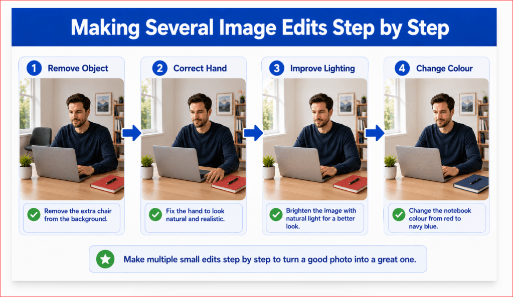 Step-by-step workflow showing how to make several image edits without losing previous corrections.