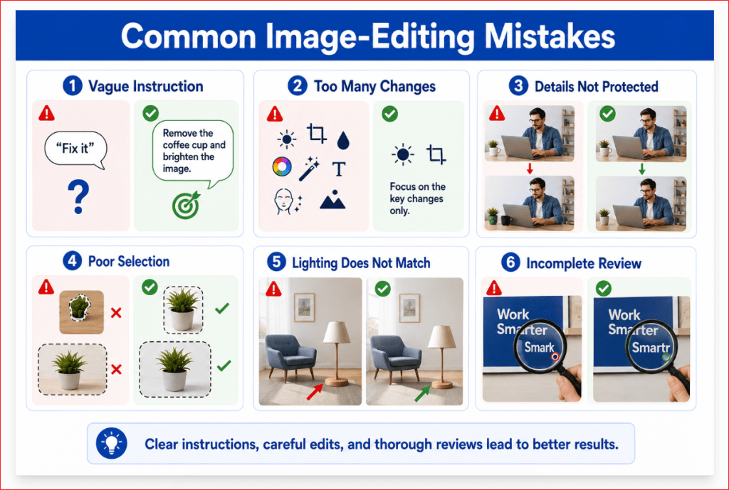 Checklist of common ChatGPT image-editing mistakes and how to avoid them.