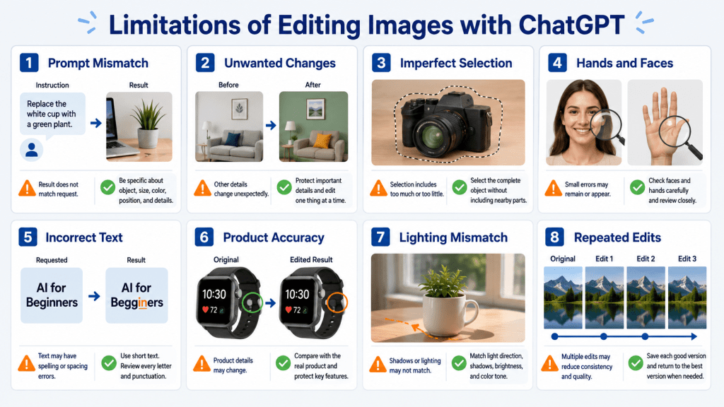 Infographic showing common limitations of AI image editing, including text, hand, product, selection, and lighting errors.