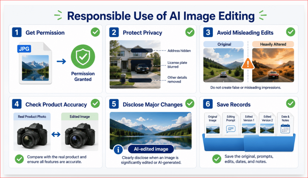 Six-card checklist for responsible AI image editing, including permission, privacy, accuracy, disclosure, and saved records.
