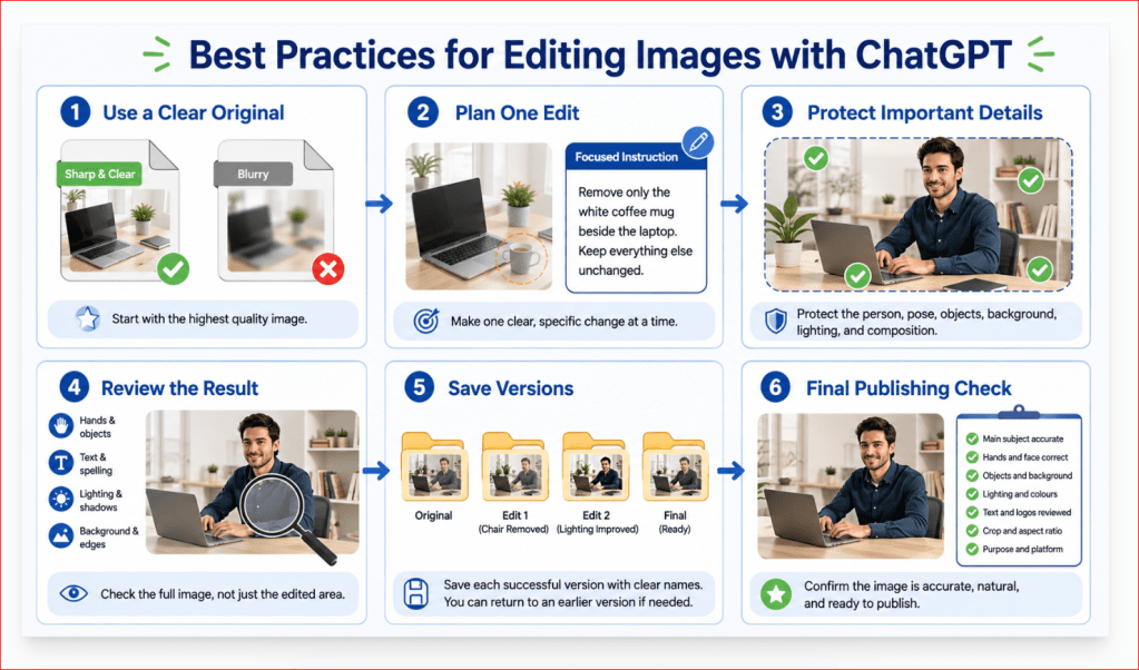 Six-stage best-practices workflow for editing images with ChatGPT.