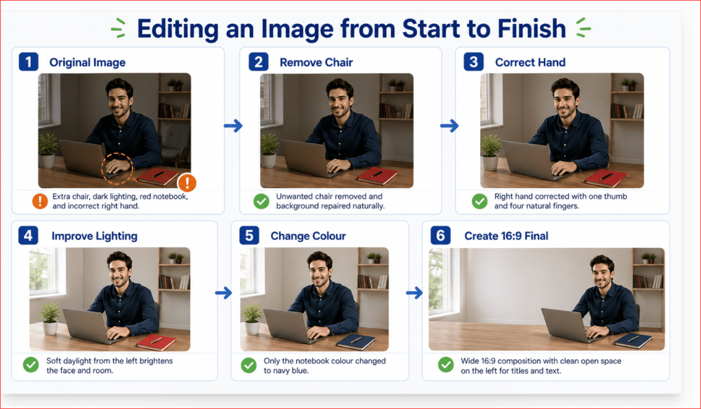 Start-to-finish image-editing workflow showing object removal, hand correction, lighting improvement, colour change, and a final 16:9 composition.