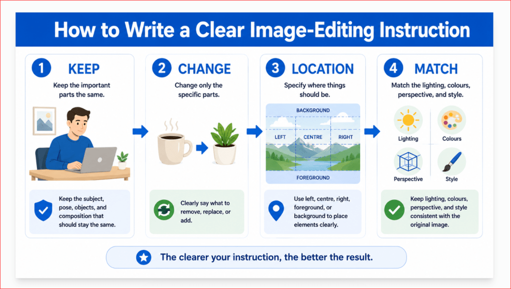 Four-part image-editing instruction showing what to keep, what to change, where to edit, and how to match the original.