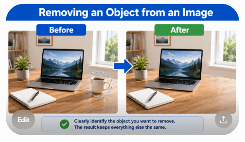 Before-and-after example of removing an object and rebuilding the hidden background naturally.