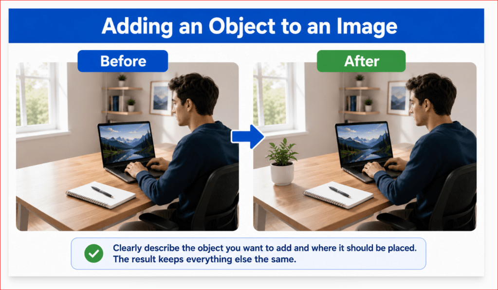 Before-and-after example of adding an object with matching size, perspective, lighting, and shadows.
