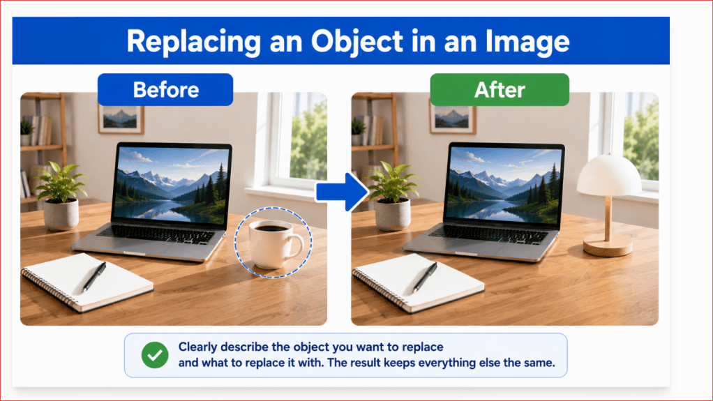 Before-and-after example of replacing one object with another while preserving position, scale, lighting, and shadows.
