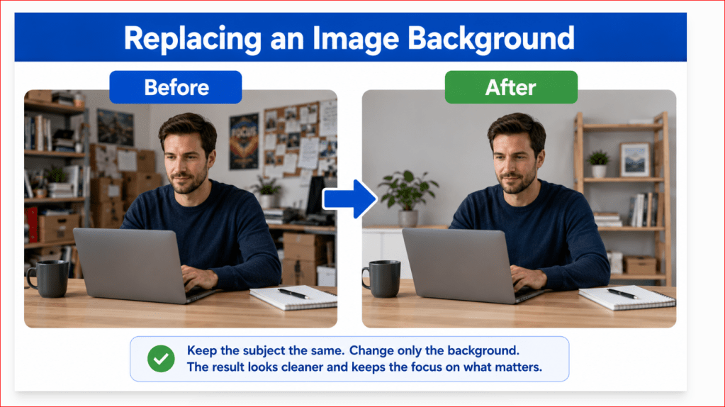 Before-and-after example of replacing an image background while preserving the main subject.