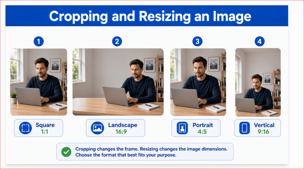 Infographic comparing square, landscape, portrait, and vertical image aspect ratios.
