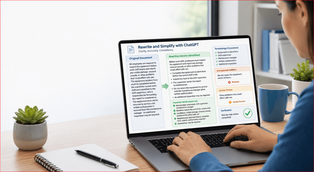 Beginner using ChatGPT on a laptop to change a difficult document into a clearer simplified version while preserving its meaning