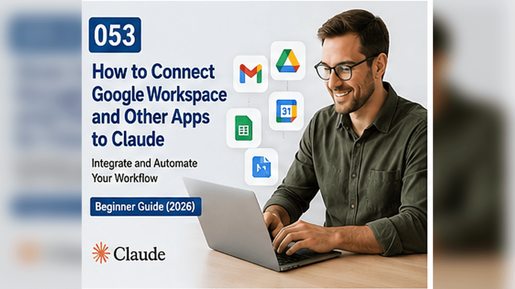 Man using Claude on a laptop with connected Google Workspace apps including Gmail, Google Drive, and Google Calendar.