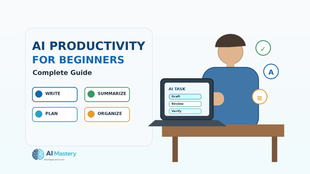 Adult male beginner using an AI-assisted laptop workspace for writing, summarizing, planning, organizing, and reviewing everyday tasks.
