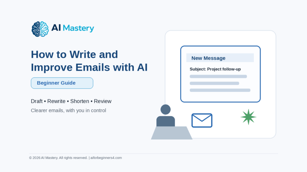 Beginner-friendly illustration of AI-assisted email writing with a generic email draft on a laptop screen.