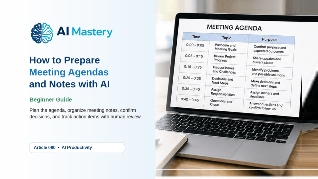 AI Mastery featured image showing a laptop with a meeting agenda beside a notebook and the title How to Prepare Meeting Agendas and Notes with AI.