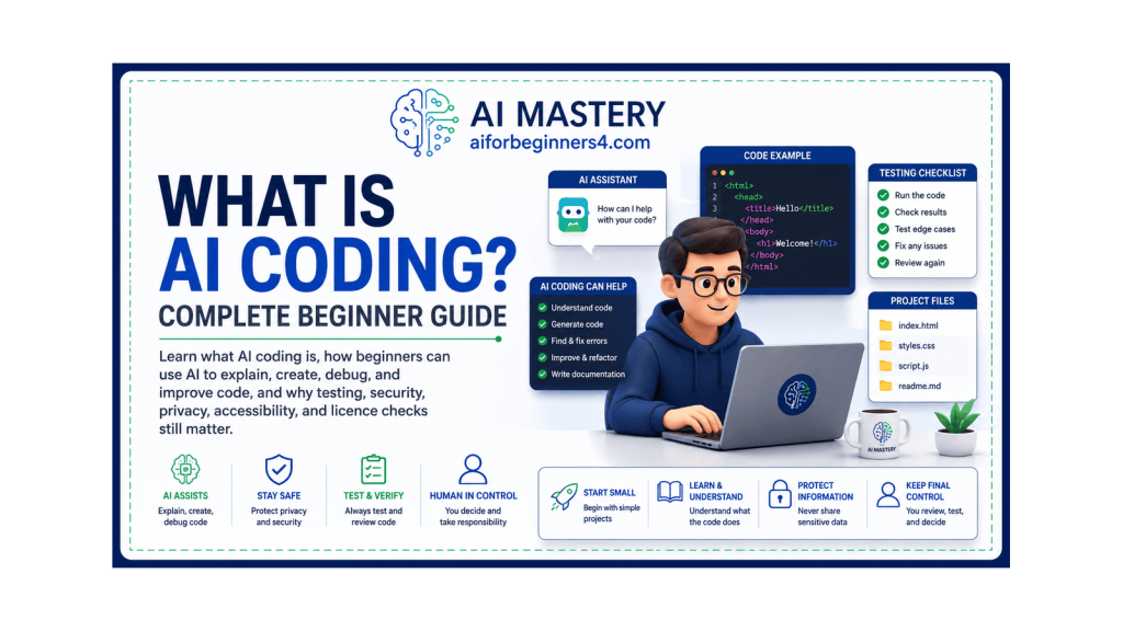 Beginner-friendly AI coding workspace showing an illustrated adult male using a laptop with simple code, a testing checklist, and AI-assisted coding project