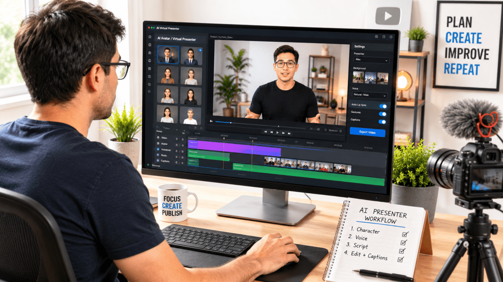Male beginner creating an AI virtual presenter video on a computer with avatar, voice, captions, and video-editing controls.