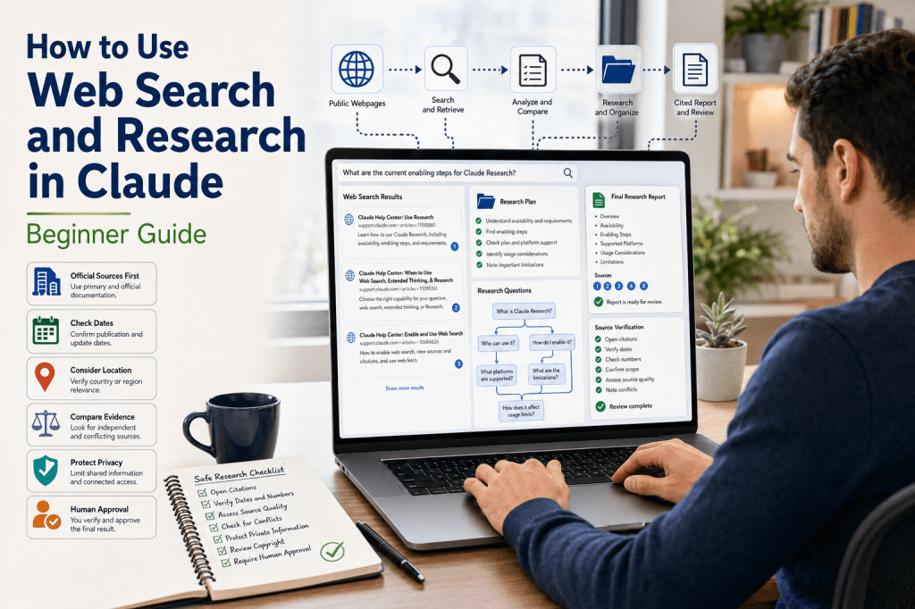 Man using Claude Web Search and Research on a laptop to find and verify information online.