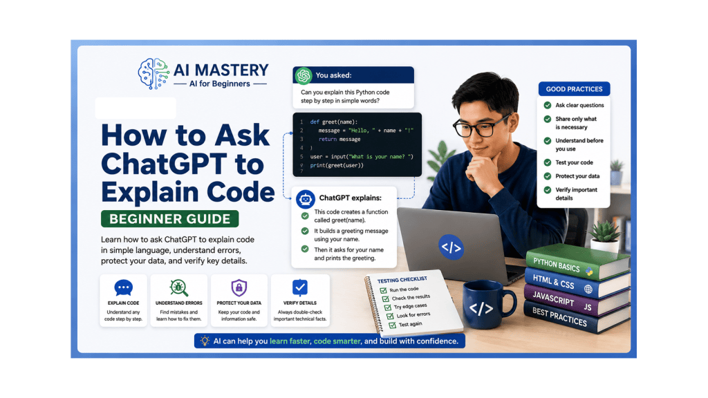 Beginner at a laptop asking for a code explanation, illustrating how ChatGPT can help beginners understand programming step by step.