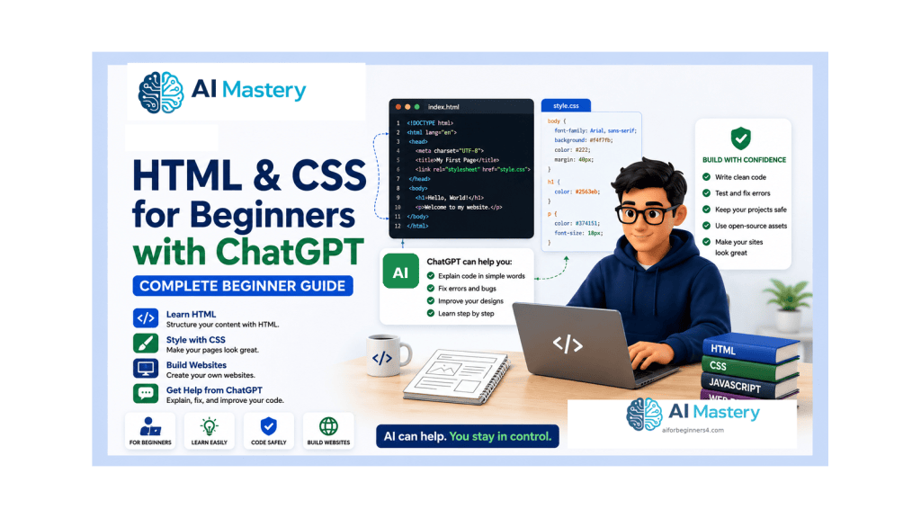 Beginner at a laptop learning HTML and CSS with a simple code editor, browser preview, and AI-assisted explanations.