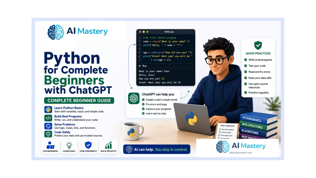 Adult male beginner at a laptop learning Python with simple code, testing cues, and an AI-assisted learning workflow.