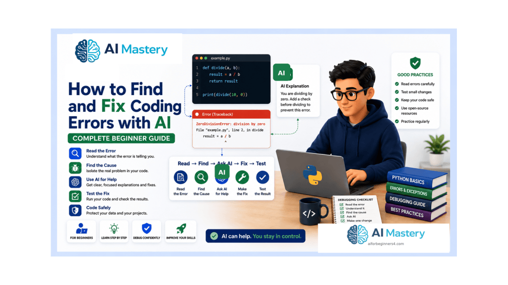 Adult male beginner at a laptop debugging Python code with an error message, a bug symbol, and a read-fix-test workflow.