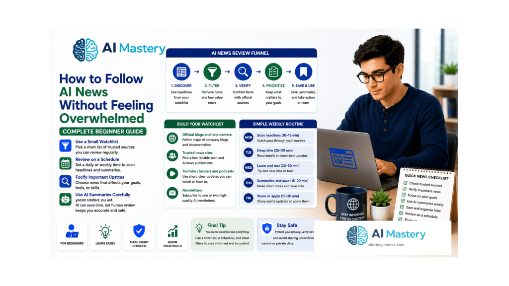 Beginner at a laptop using a short organized checklist to review AI news without information overload.